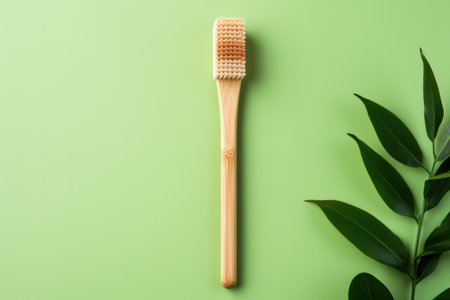 A bamboo toothbrush emphasizing eco-friendliness isolated on a green gradient backgroundの素材