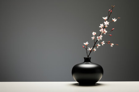 A minimalist black vase with a single white flower isolated on a gray gradient backgroundの素材