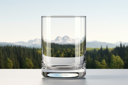 A clear glass with fresh water symbol of minimalism isolated on a white gradient backgroundの素材