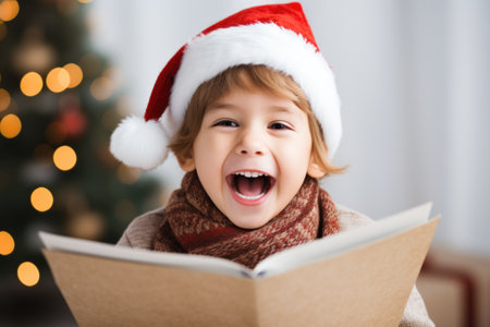 Excited child singing Christmas carols isolated on a white backgroundの素材