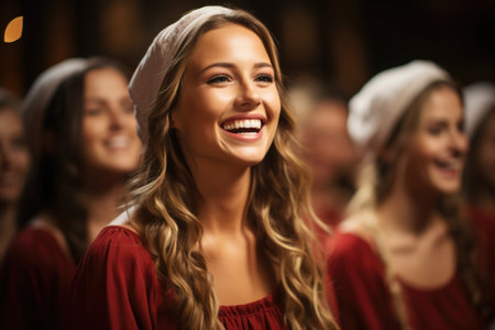 Joyful choir delivering heartfelt carols capturing the essence of Christmas spiritの素材