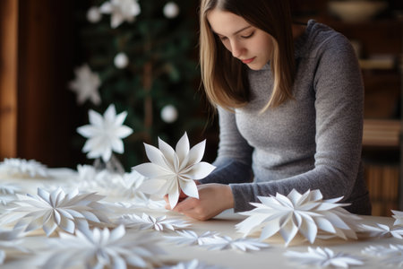 Creative hands fashioning delicate DIY paper snowflakes on a snowy dayの素材