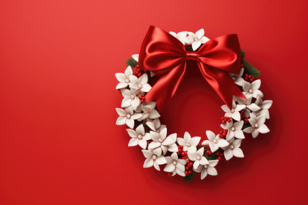 Handcrafted Christmas wreath with ribbons isolated on a red gradient backgroundの素材