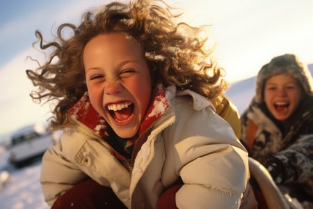 Youngsters enjoy sledging in 90s winter wear during festive Christmas holidaysの素材