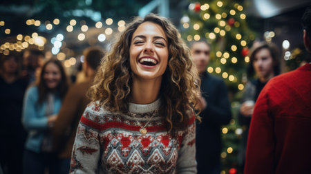 90s office partygoers in festive sweaters celebrating Christmas with dance and laughterの素材