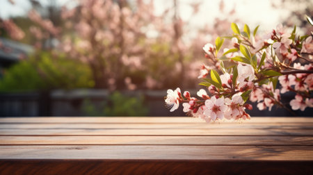 Wooden table with a background of a floral garden in springtimeの素材