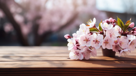 Wooden table with a background of a cherry blossom avenue in springの素材