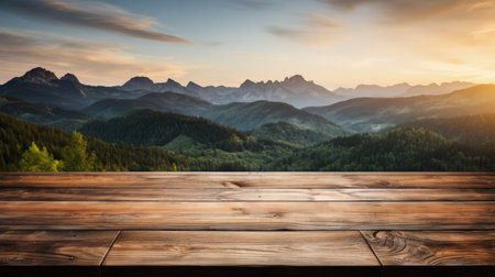 Wooden table with a background of a mountain landscape during sunriseの素材