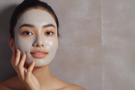 A young Asian girl applying a peel-off facial mask looking at a mirror relaxing spa background with empty space for textの素材