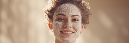 A beautiful woman with short hair applying a homemade oatmeal facial mask for exfoliation relaxing spa background with empty space for textの素材