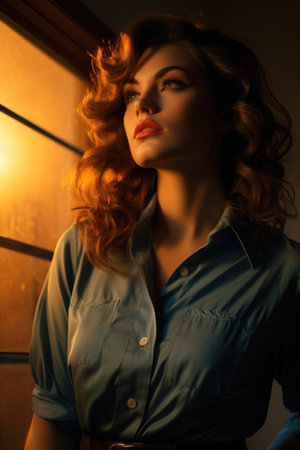 Vintage model contemplates twilight career captured in deep blues and fading sunset tonesの素材