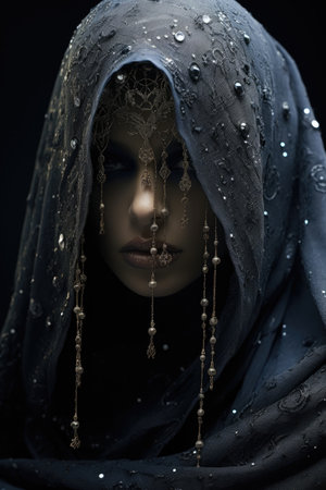 Sequin whispers from past glories aged model shrouded in silver and midnight huesの素材