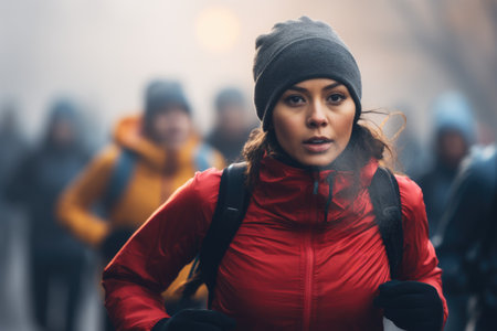 Runners visible breath in cold weather race background with empty space for textの素材