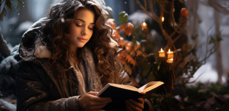 Blissful bookworm engrossed in reading amidst falling snowflakes in a tranquil winter landscapeの素材