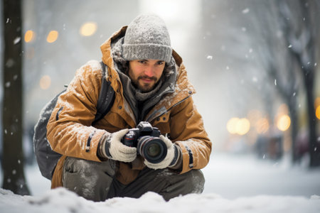Enthusiastic photographer captivated by the serene beauty of a snowy dayの素材