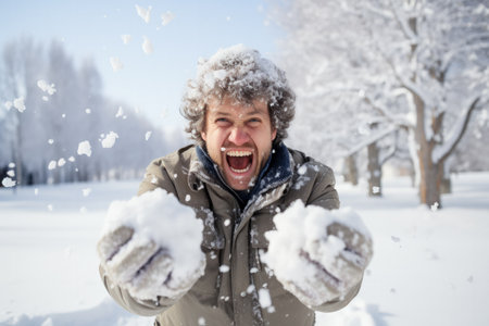 Energetic individual engaged in lively snowball fight amidst snowy sceneryの素材