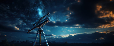 Stargazing equipment against a night sky backdrop background with empty space for textの素材