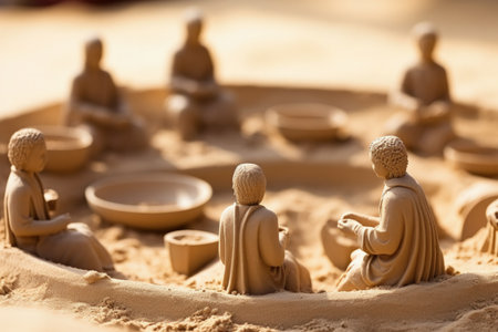 Miniature figures arranged in sand for therapy background with empty space for textの素材