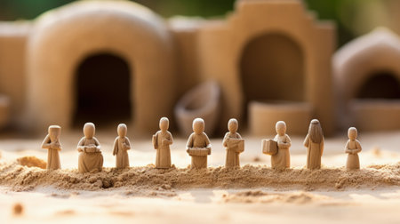 Miniature figures arranged in sand for therapy background with empty space for textの素材