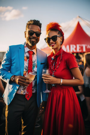 Two Entrepreneurs mingle at vibrant music festival; cherry red festival gold and open-sky blue dominateの素材