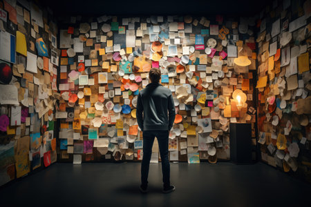 Person observing a diverse and colorful display of notes and drawings on a wall, symbolizing creativity or memory collectionの素材