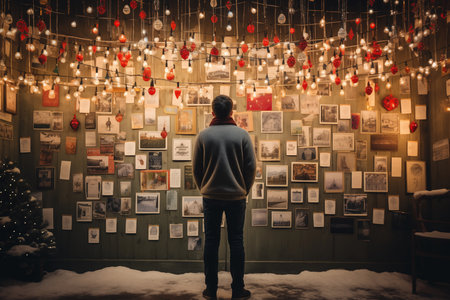 A person observing art and festive decorations under a canopy of warm lights in a cozy outdoor Christmas market settingの素材