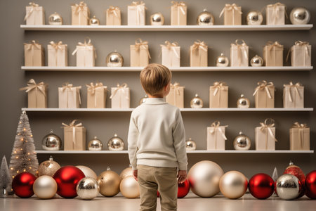 A child stands in awe looking at shelves filled with neatly wrapped gifts and large festive ornaments, capturing the excitement of the holiday seasonの素材