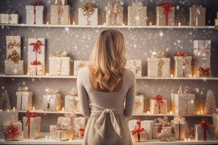 Woman contemplating a variety of beautifully wrapped holiday gifts on shelves in a festive settingの素材