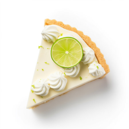 A creamy key lime pie slice top view isolated on white backgroundの素材