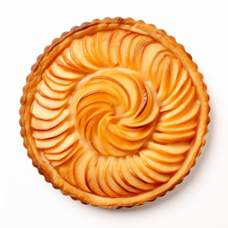 A traditional apple tart top view isolated on white backgroundの素材