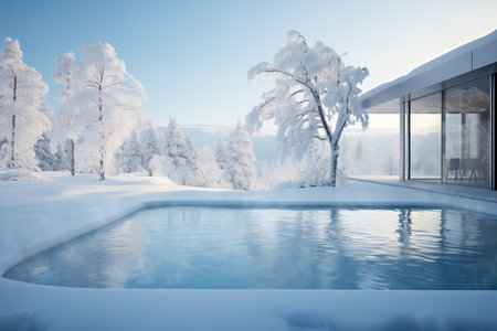 Modern infinity pool overlooking a tranquil snow covered forest landscape with serene frosty trees and clear blue skiesの素材
