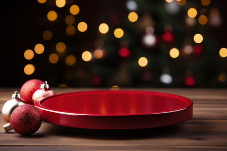 Vibrant Scarlet Christmas Background with a Rustic Wood Podium Mockupの素材