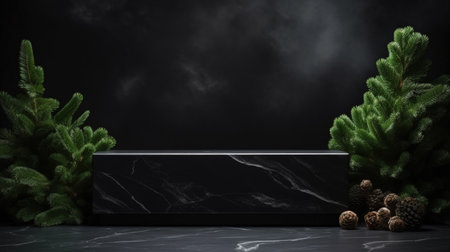 Green fir branch on an obsidian black Christmas background with an empty podium mockupの素材