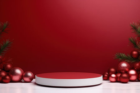 Crimson Velvet Christmas Background with a Minimalist Porcelain Podium Mockupの素材