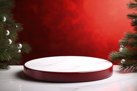 Red Christmas Background with a White Marble Podium Mockupの素材