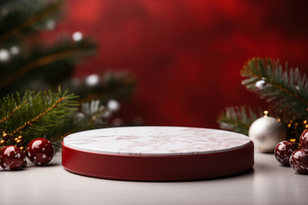 Red Christmas Background with a White Marble Podium Mockupの素材
