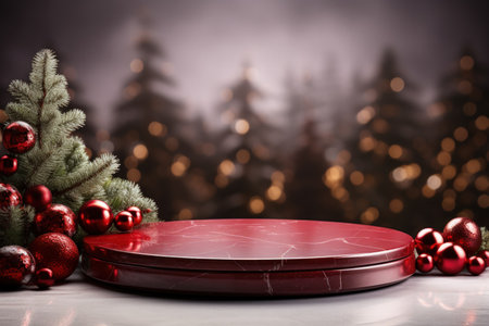 Empty red podium for product display on bokeh christmas backgroundの素材