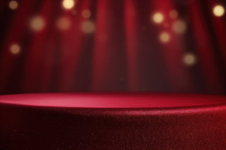 Twinkling Garnet Red Christmas Background with a Textured Fabric Podium Mockupの素材