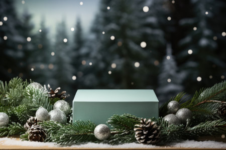 Snowy Green Christmas Background with a Wooden Podium Mockupの素材