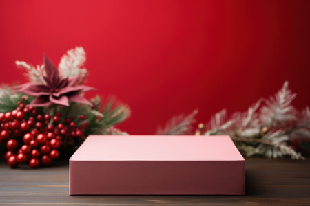 Soft Poinsettia Red Christmas Background with a Suede Podium Mockupの素材