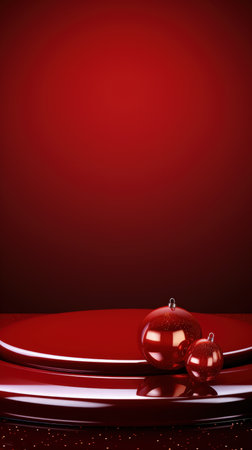 A glossy garnet Christmas background with a solitary pedestal for holiday gift showcaseの素材