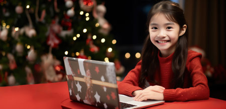 happy asian little girl using laptop computer at home in christmasの素材