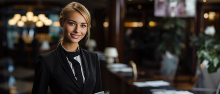Portrait of a beautiful young woman in a restaurant. Businesswoman.の素材