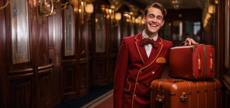 Handsome young man in a red suit with a suitcase in a hotel corridor.の素材