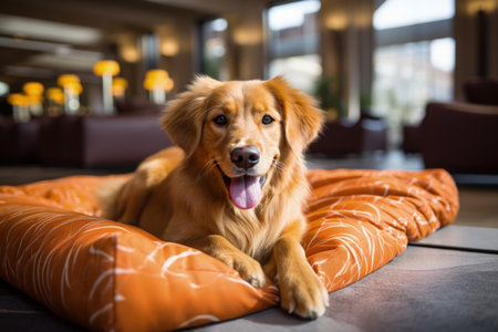 Cute Golden Retriever lying on a pillow in the living roomの素材