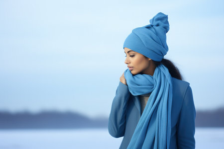 Portrait of a beautiful woman in blue scarf on the background of winter landscapeの素材