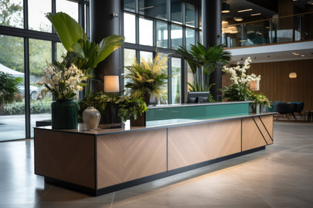 Interior of a hotel lobby with reception desk and green plants.の素材