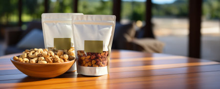 Hazelnuts and cashew nuts in plastic bag on wooden tableの素材