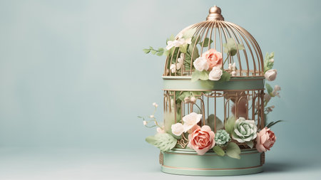 Valentines Day Bird Display with Lovebirds Among Blooming Ivy in Shades of Vintage Brass, Soft Pink, and Mild Sageの素材