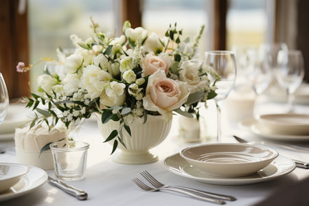 Refined Wedding Table Decor with Flower Centerpieces and Utensilsの素材